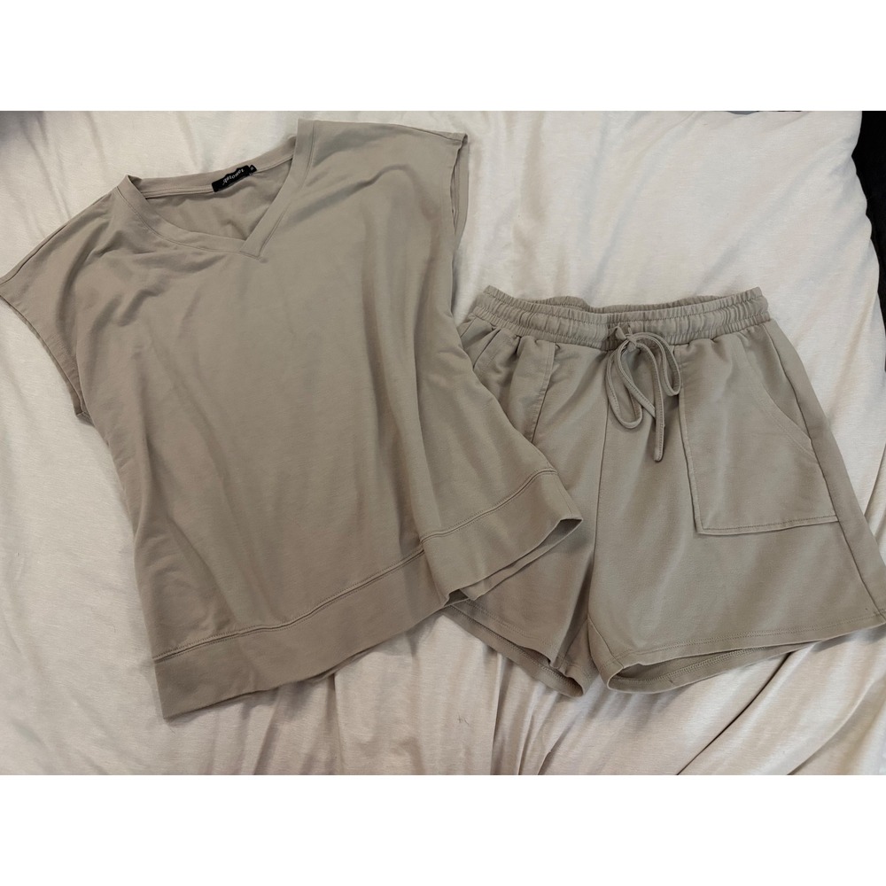 Amazon Automet Lounge Set Womens Medium Khaki Good V-Neck Tee Drawstring Shorts